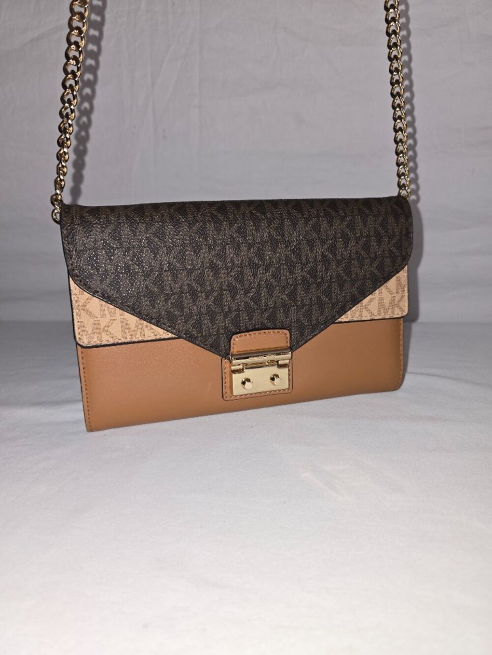 Michael Kors Sloan Medium Brown MK Logo And Leather Chain Link Crossbody Wallet - Picture 6 of 13